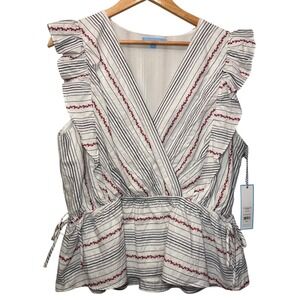 Draper James Flutter Sleeve V Neck Peplum Striped Top Red White Multi‎ Large
